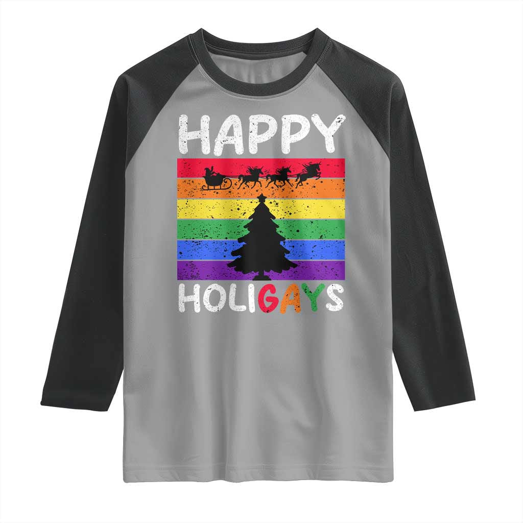 Funny LGBT Christmas Raglan Shirt Happy Holigays Rainbow Stripes Unicorn Santa - Wonder Print Shop
