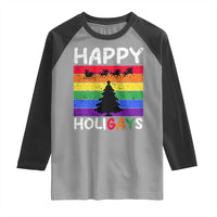 Funny LGBT Christmas Raglan Shirt Happy Holigays Rainbow Stripes Unicorn Santa - Wonder Print Shop