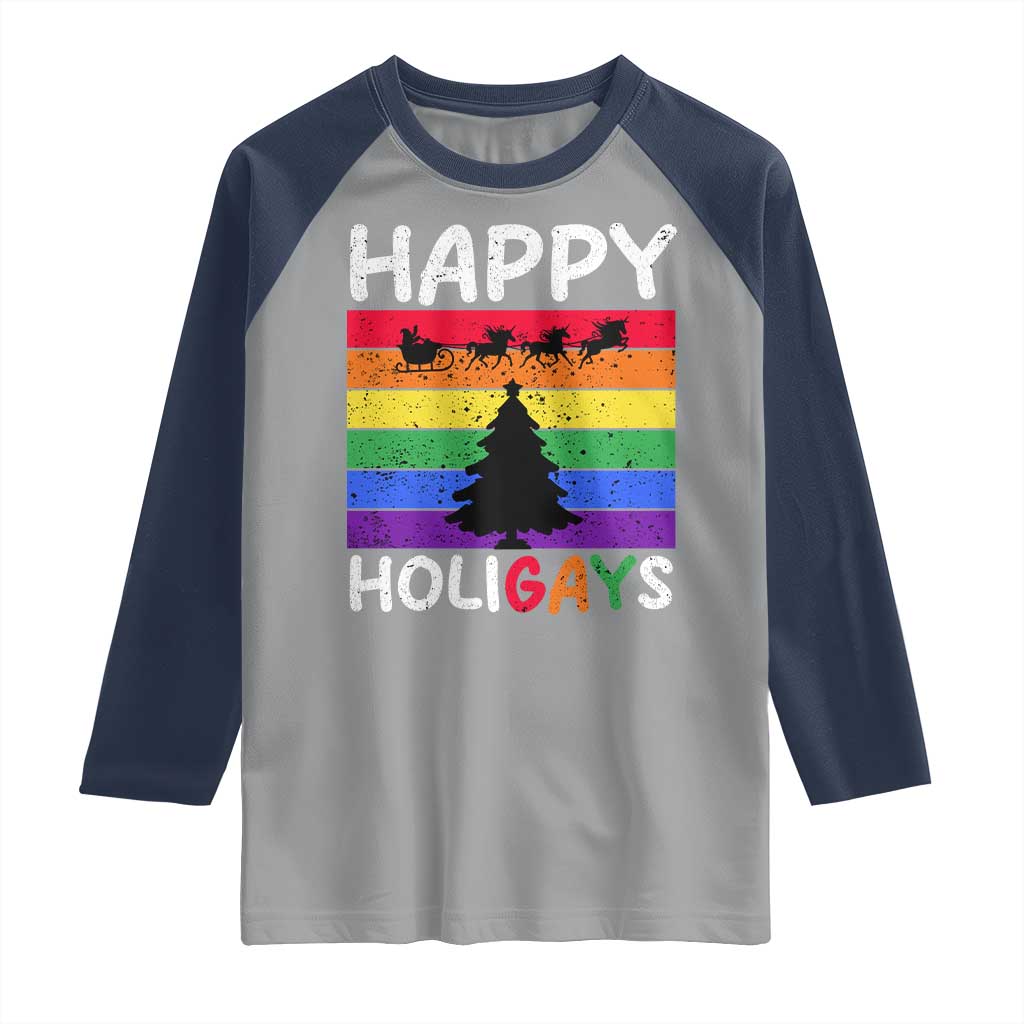 Funny LGBT Christmas Raglan Shirt Happy Holigays Rainbow Stripes Unicorn Santa - Wonder Print Shop