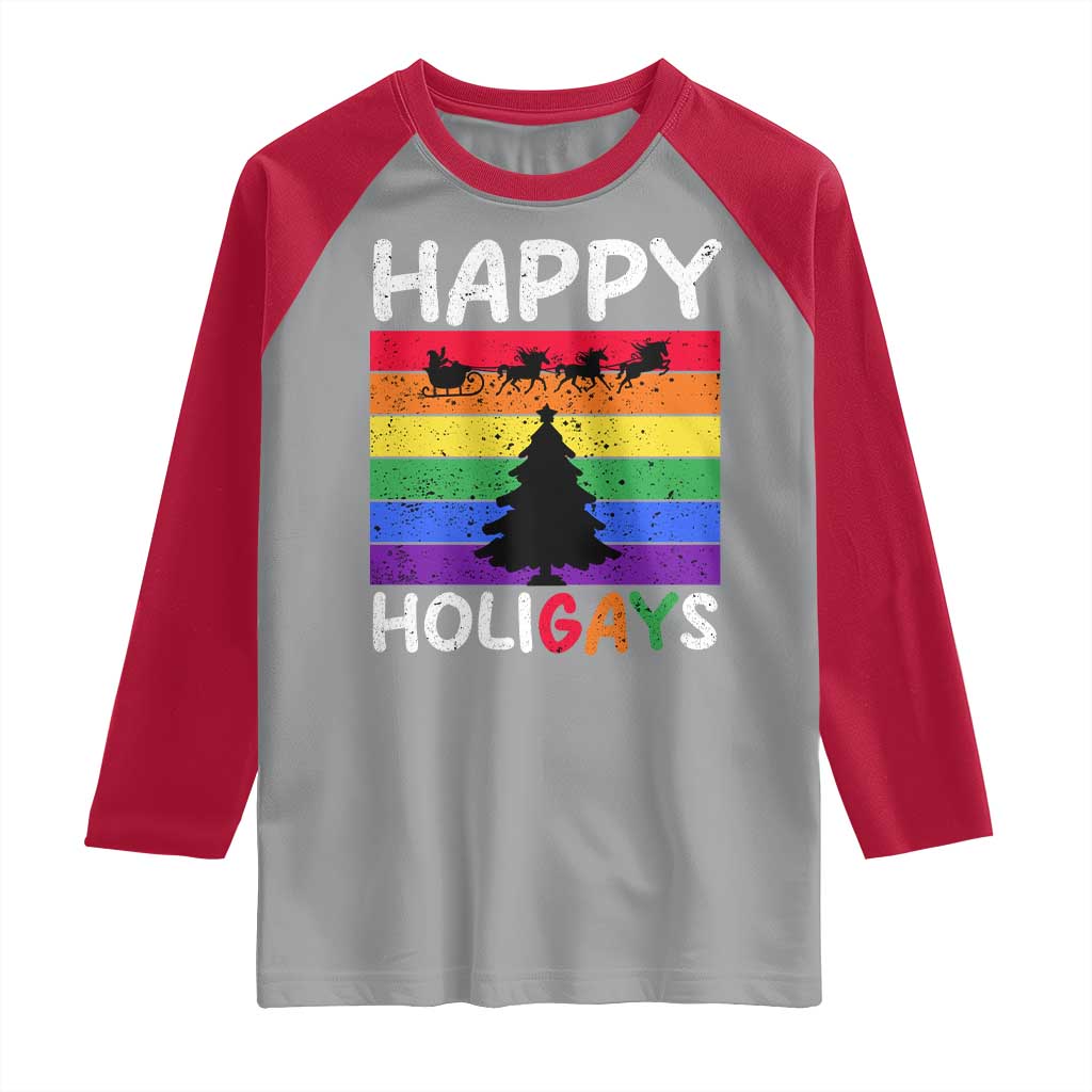 Funny LGBT Christmas Raglan Shirt Happy Holigays Rainbow Stripes Unicorn Santa - Wonder Print Shop