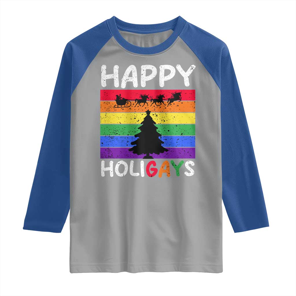 Funny LGBT Christmas Raglan Shirt Happy Holigays Rainbow Stripes Unicorn Santa - Wonder Print Shop