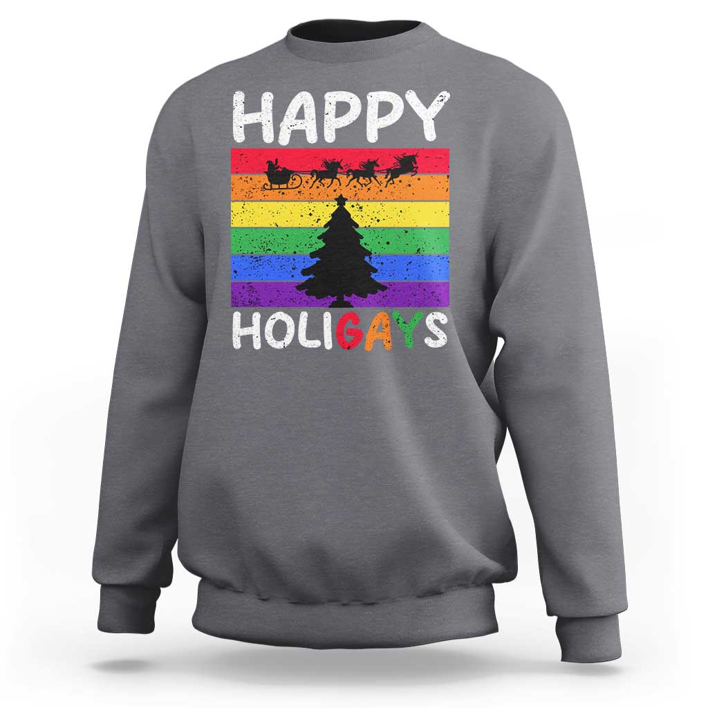 Funny LGBT Christmas Sweatshirt Happy Holigays Rainbow Stripes Unicorn Santa - Wonder Print Shop