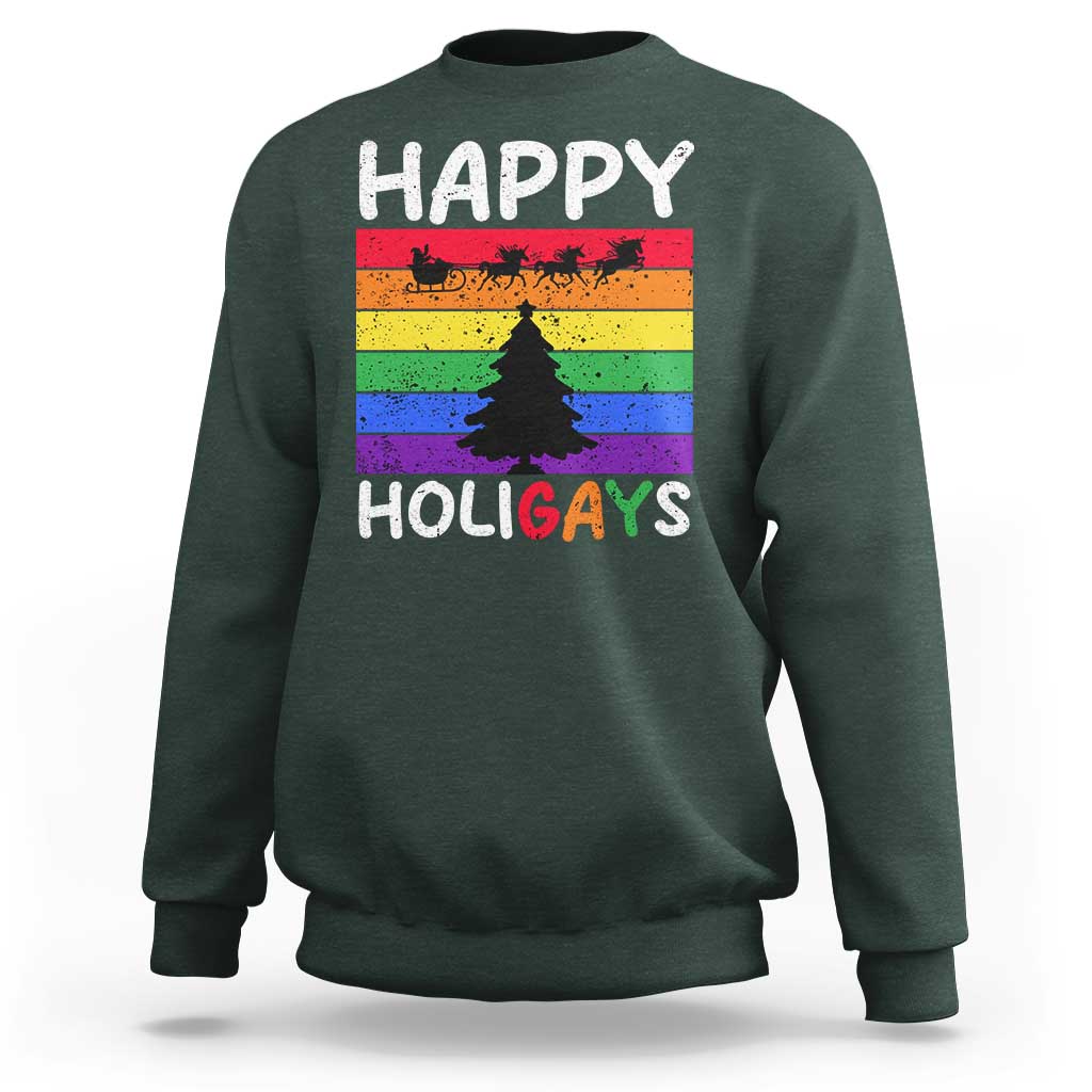 Funny LGBT Christmas Sweatshirt Happy Holigays Rainbow Stripes Unicorn Santa - Wonder Print Shop