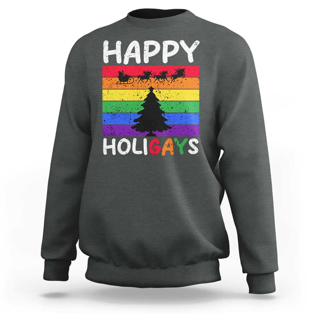 Funny LGBT Christmas Sweatshirt Happy Holigays Rainbow Stripes Unicorn Santa - Wonder Print Shop