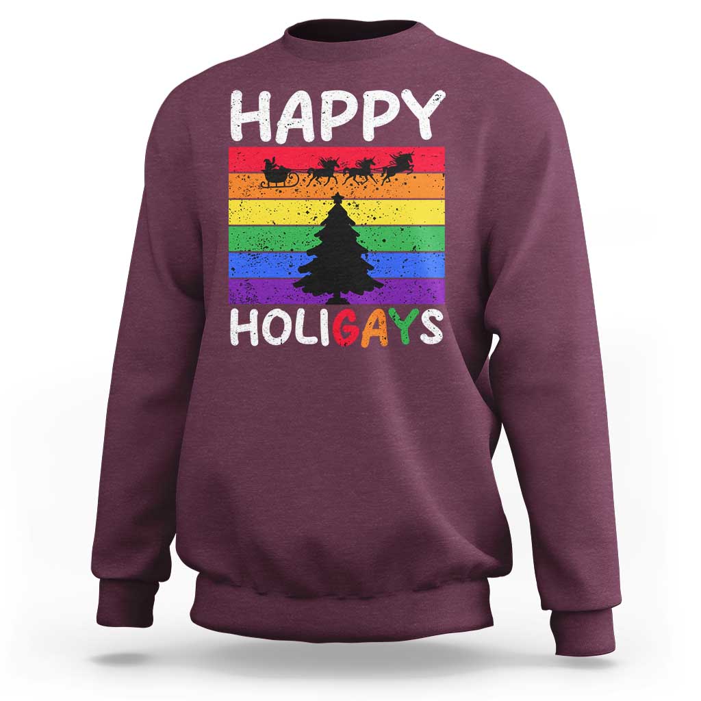 Funny LGBT Christmas Sweatshirt Happy Holigays Rainbow Stripes Unicorn Santa - Wonder Print Shop