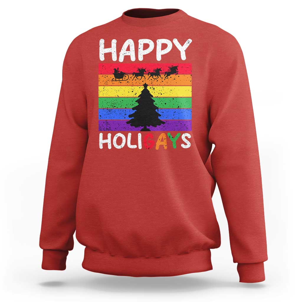 Funny LGBT Christmas Sweatshirt Happy Holigays Rainbow Stripes Unicorn Santa - Wonder Print Shop