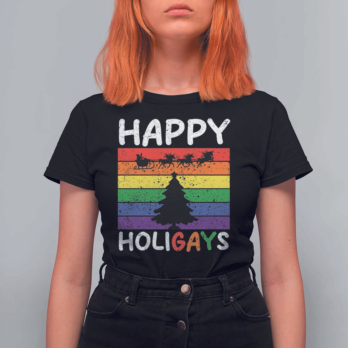 Funny LGBT Christmas T Shirt For Women Happy Holigays Rainbow Stripes Unicorn Santa - Wonder Print Shop