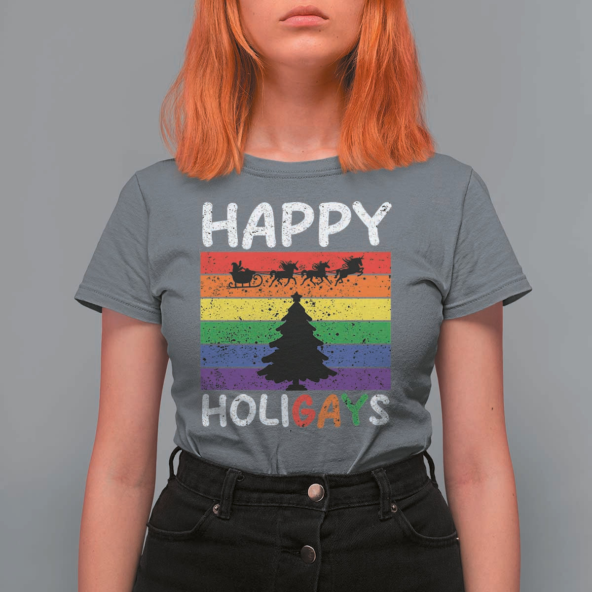 Funny LGBT Christmas T Shirt For Women Happy Holigays Rainbow Stripes Unicorn Santa - Wonder Print Shop