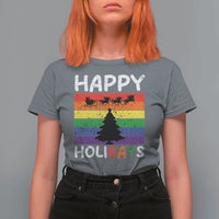 Funny LGBT Christmas T Shirt For Women Happy Holigays Rainbow Stripes Unicorn Santa - Wonder Print Shop