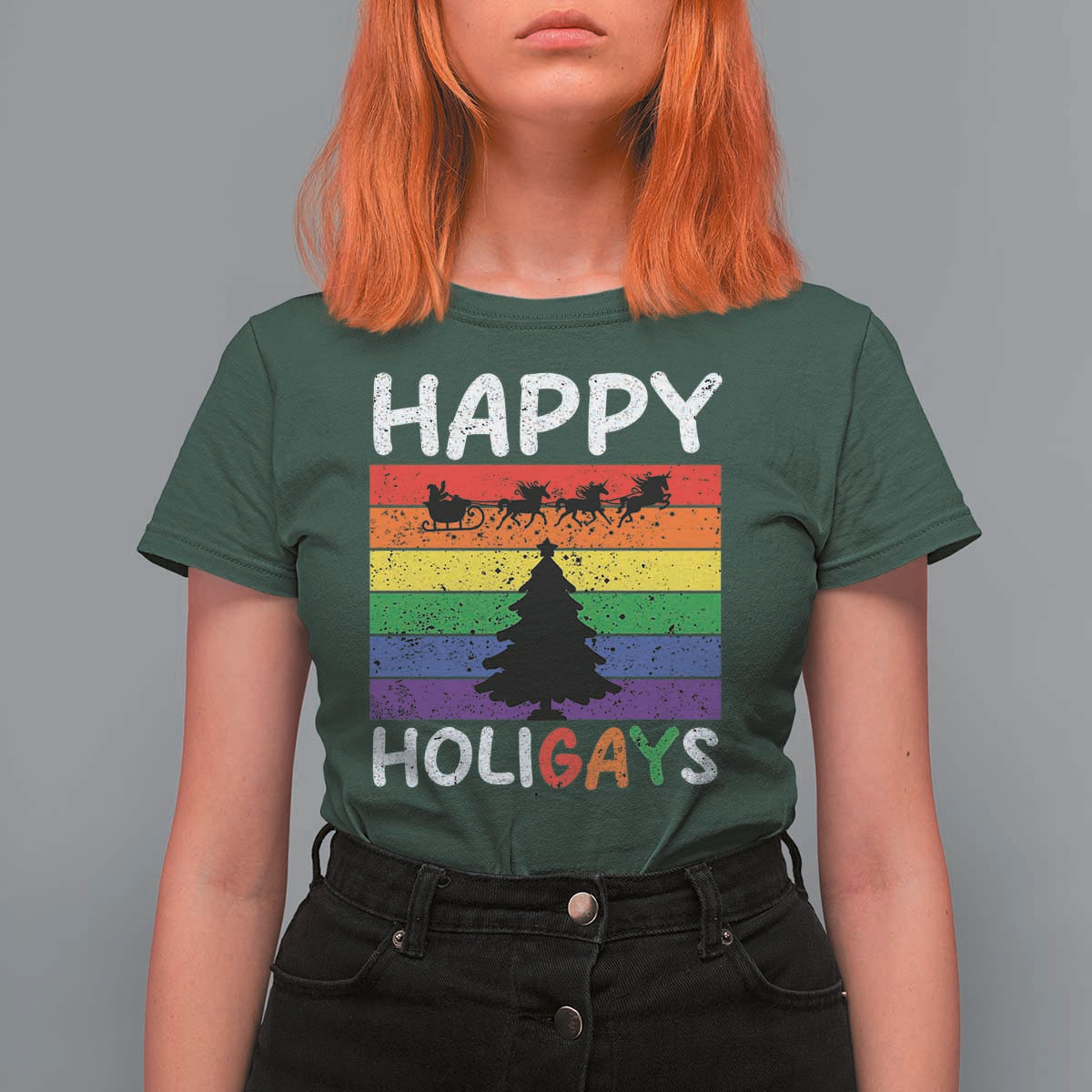 Funny LGBT Christmas T Shirt For Women Happy Holigays Rainbow Stripes Unicorn Santa - Wonder Print Shop