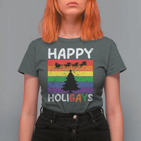 Funny LGBT Christmas T Shirt For Women Happy Holigays Rainbow Stripes Unicorn Santa - Wonder Print Shop
