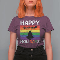 Funny LGBT Christmas T Shirt For Women Happy Holigays Rainbow Stripes Unicorn Santa - Wonder Print Shop
