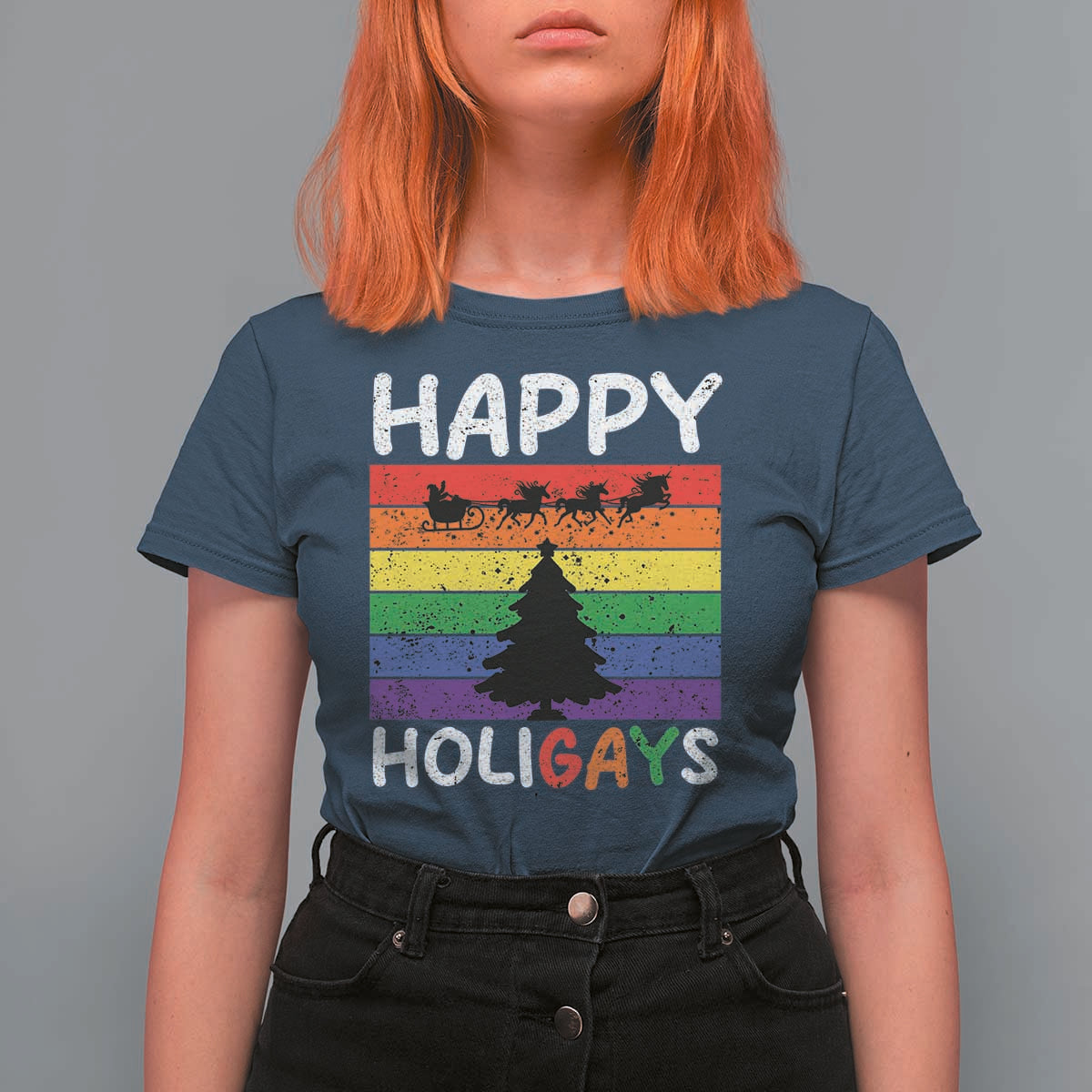 Funny LGBT Christmas T Shirt For Women Happy Holigays Rainbow Stripes Unicorn Santa - Wonder Print Shop