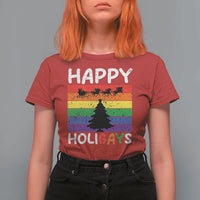 Funny LGBT Christmas T Shirt For Women Happy Holigays Rainbow Stripes Unicorn Santa - Wonder Print Shop