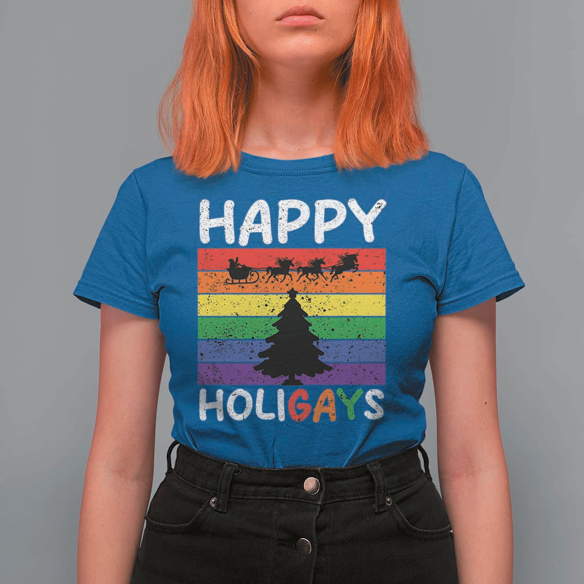 Funny LGBT Christmas T Shirt For Women Happy Holigays Rainbow Stripes Unicorn Santa - Wonder Print Shop