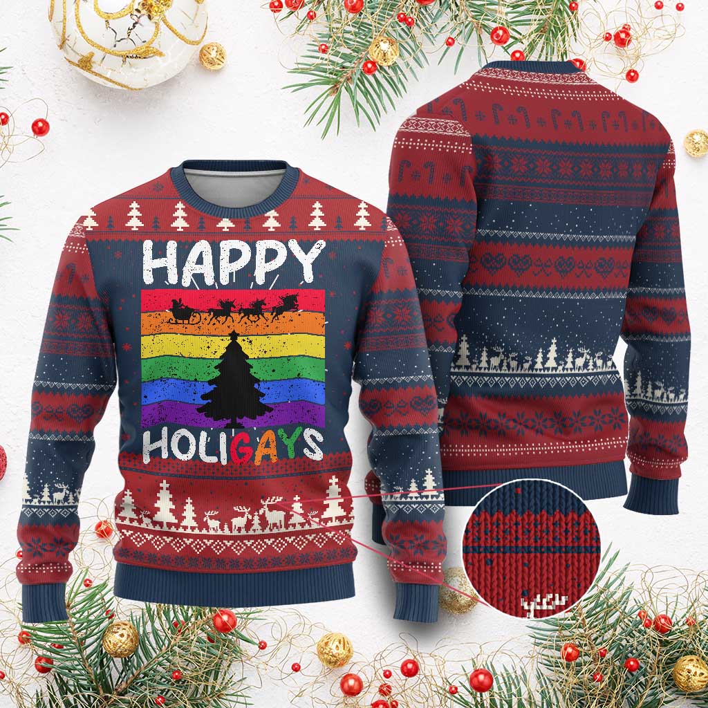 Funny LGBT Xmas Ugly Christmas Sweater Happy Holigays Rainbow Stripes Unicorn Santa - Wonder Print Shop