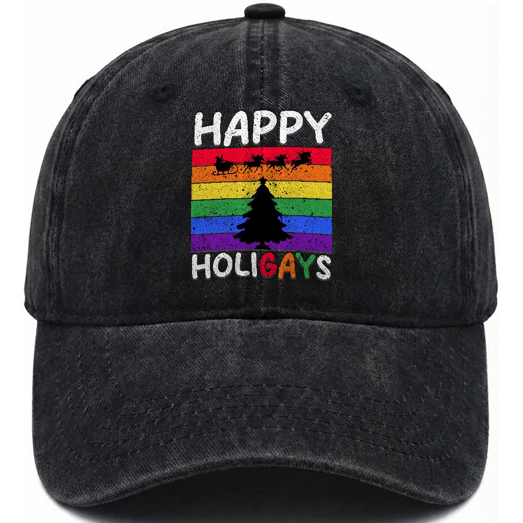 Funny LGBT Christmas Washed Cotton Baseball Cap Happy Holigays Rainbow Stripes Unicorn Santa