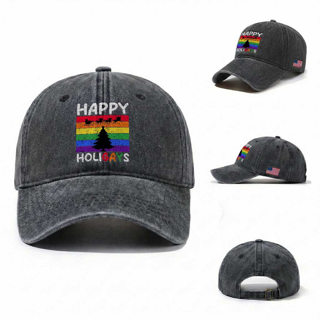 Funny LGBT Christmas Washed Cotton Baseball Cap Happy Holigays Rainbow Stripes Unicorn Santa