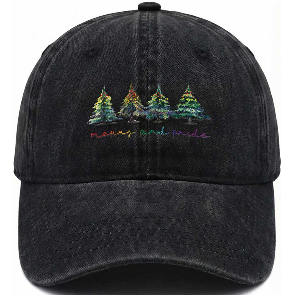 Funny Christmas LGBT Washed Cotton Baseball Cap Merry And Pride Rainbow Xmas Tree