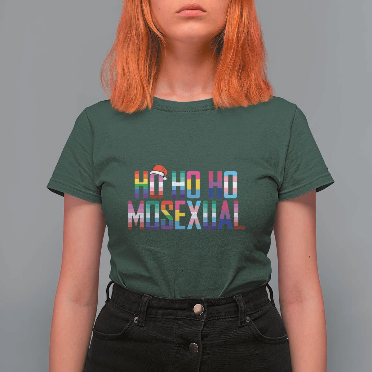 Funny LGBTQ Christmas T Shirt For Women Ho Ho Ho Mosexual LGBT Flag - Wonder Print Shop