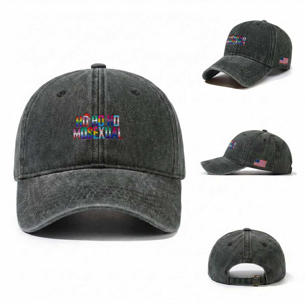 Funny LGBT Christmas Washed Cotton Baseball Cap Ho Ho Ho Mosexual LGBT Flag
