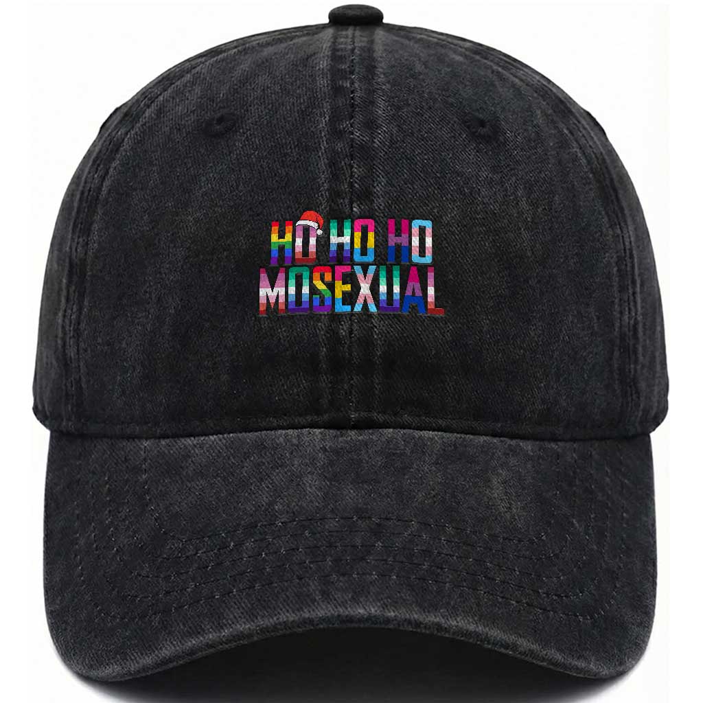 Funny LGBT Christmas Washed Cotton Baseball Cap Ho Ho Ho Mosexual LGBT Flag