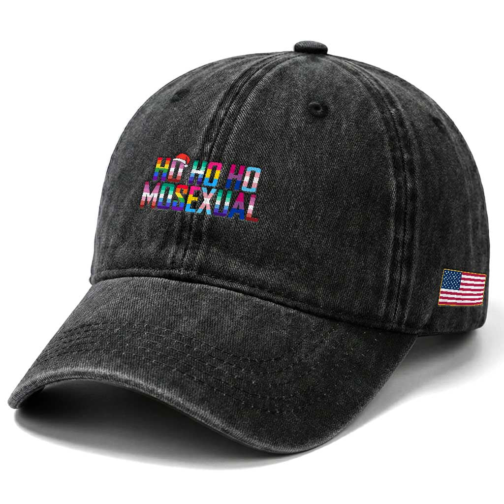 Funny LGBT Christmas Washed Cotton Baseball Cap Ho Ho Ho Mosexual LGBT Flag