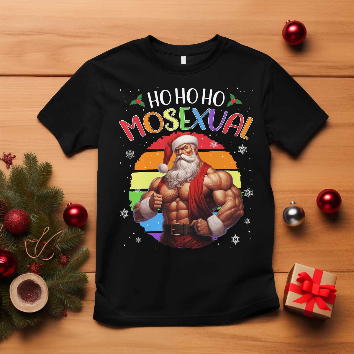 Funny Christmas LGBT T Shirt Ho Ho Ho Mosexual Rainbow Santa - Wonder Print Shop