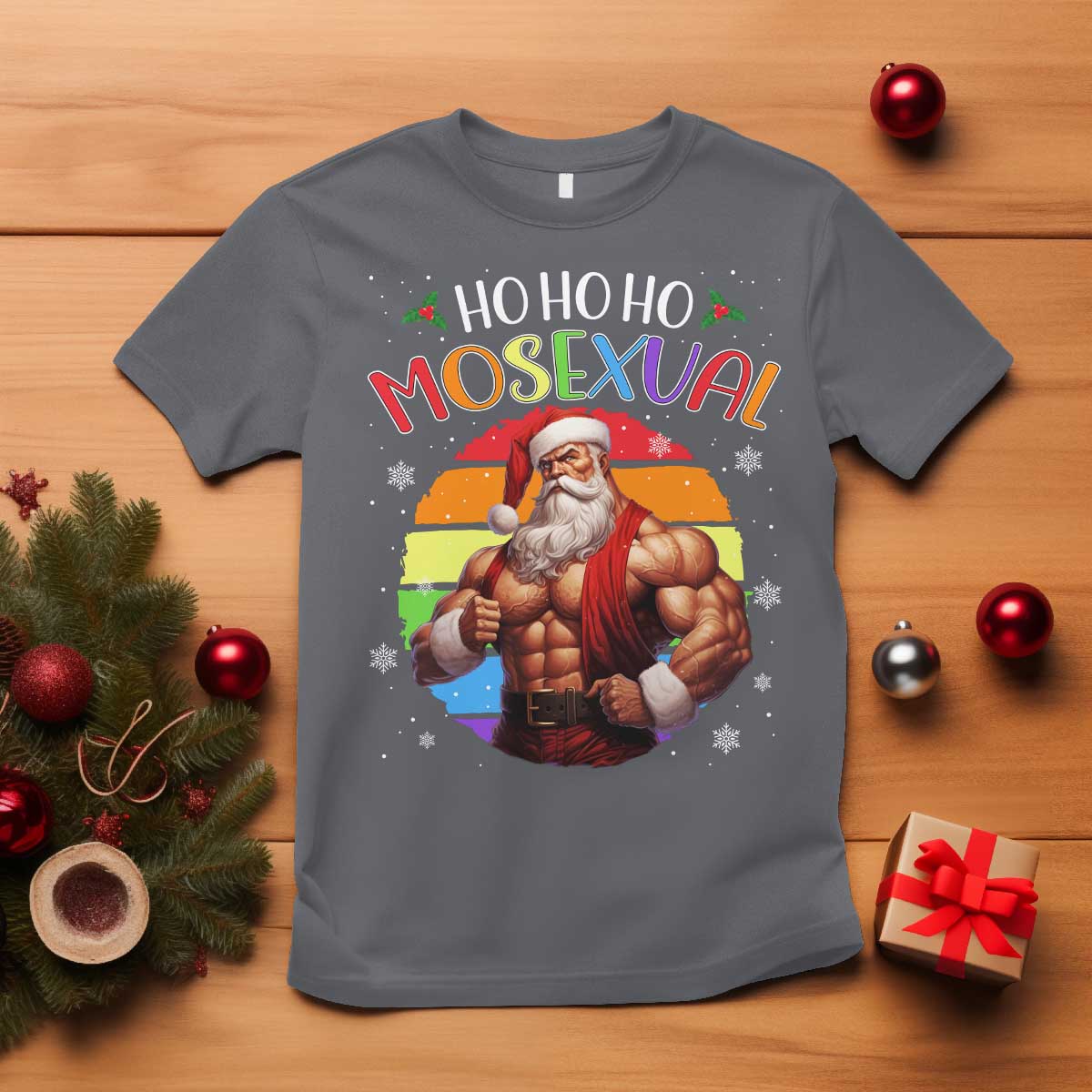 Funny Christmas LGBT T Shirt Ho Ho Ho Mosexual Rainbow Santa - Wonder Print Shop