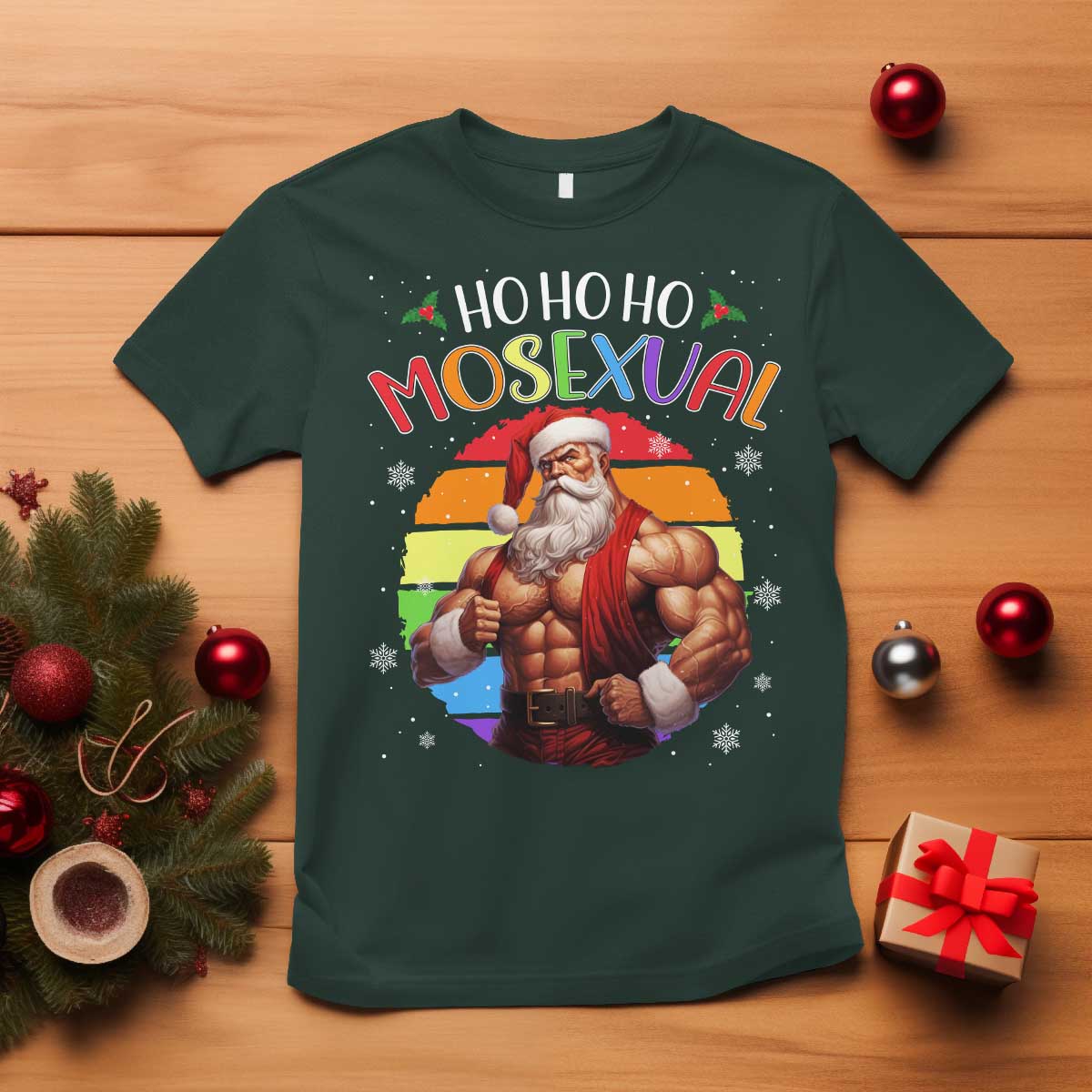 Funny Christmas LGBT T Shirt Ho Ho Ho Mosexual Rainbow Santa - Wonder Print Shop