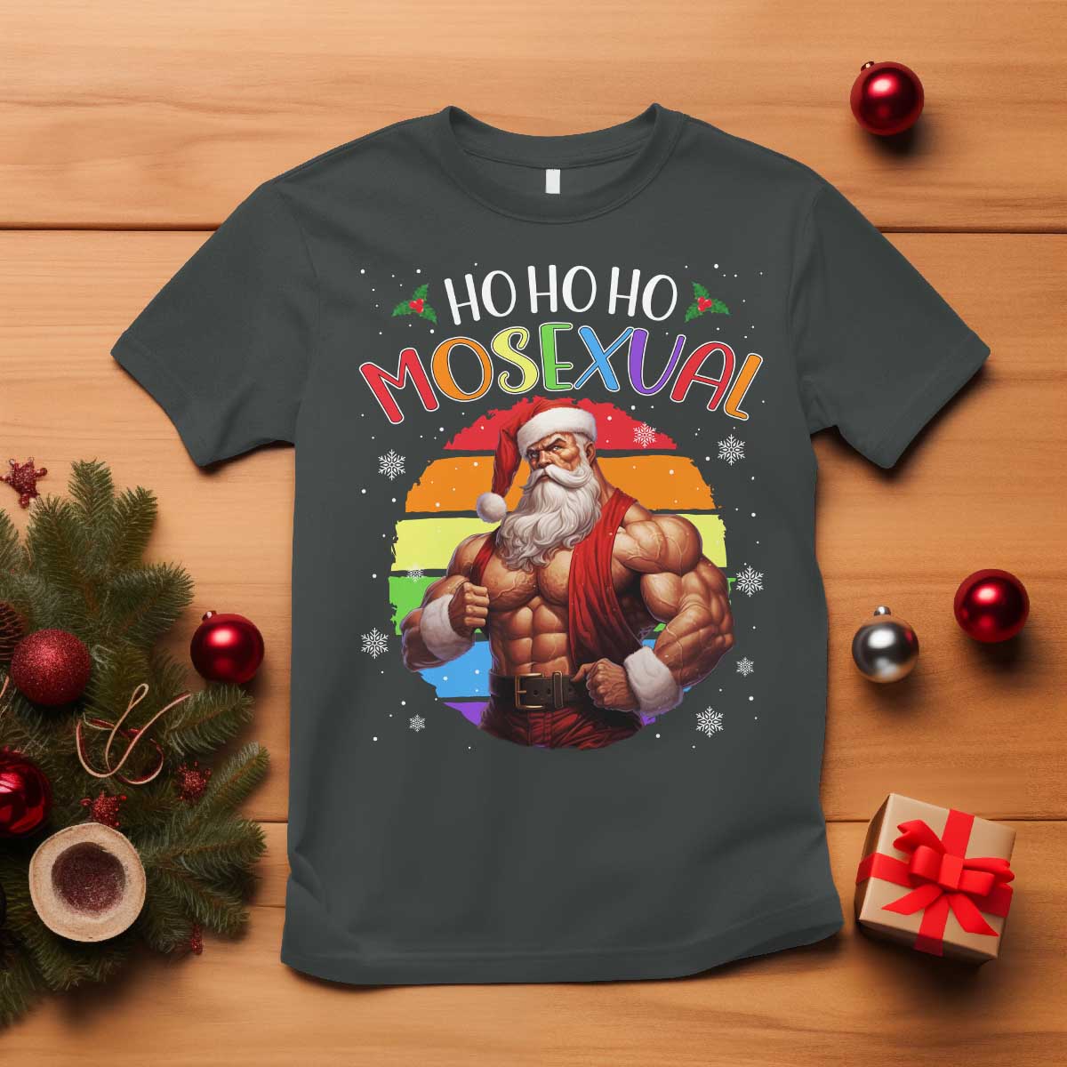 Funny Christmas LGBT T Shirt Ho Ho Ho Mosexual Rainbow Santa - Wonder Print Shop