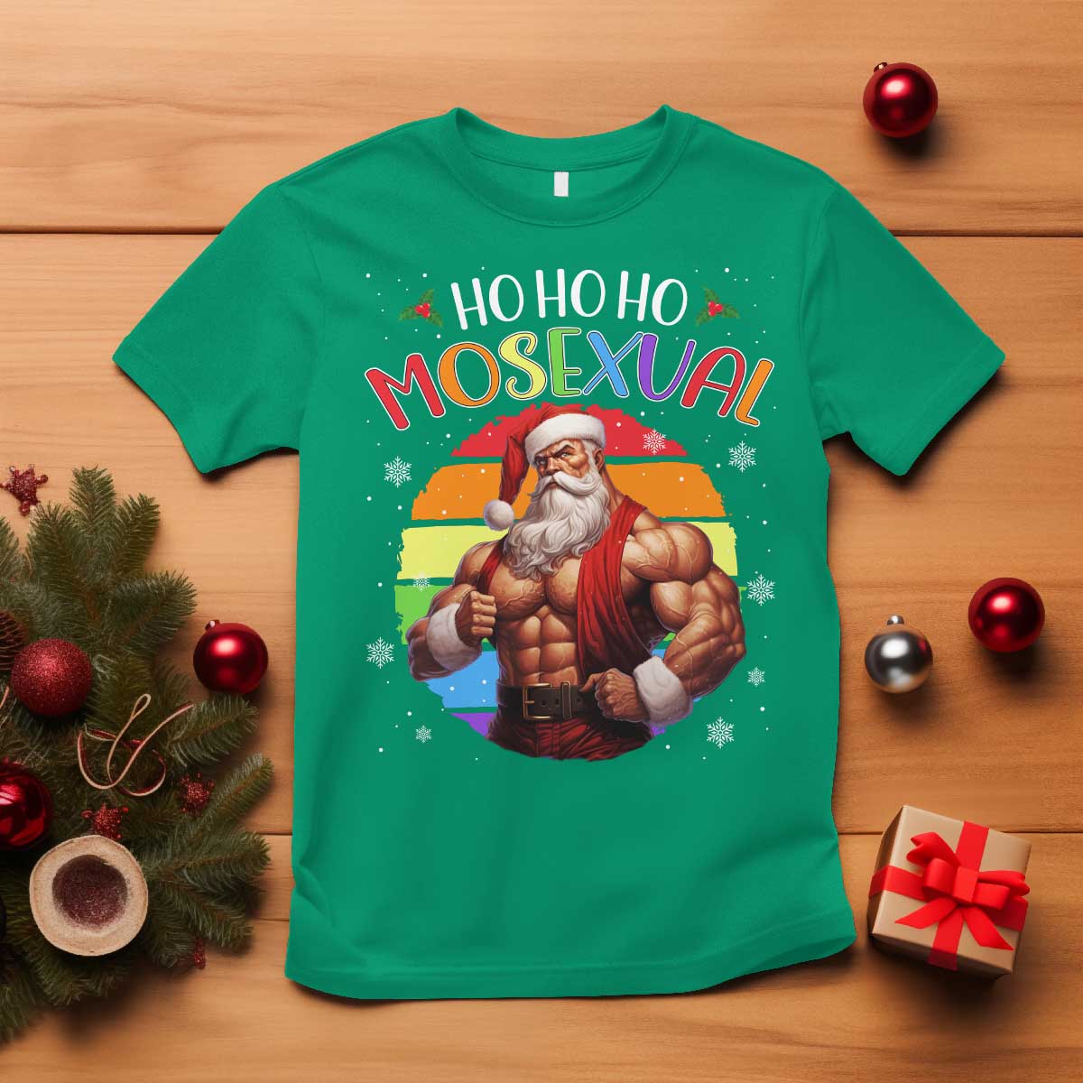 Funny Christmas LGBT T Shirt Ho Ho Ho Mosexual Rainbow Santa - Wonder Print Shop