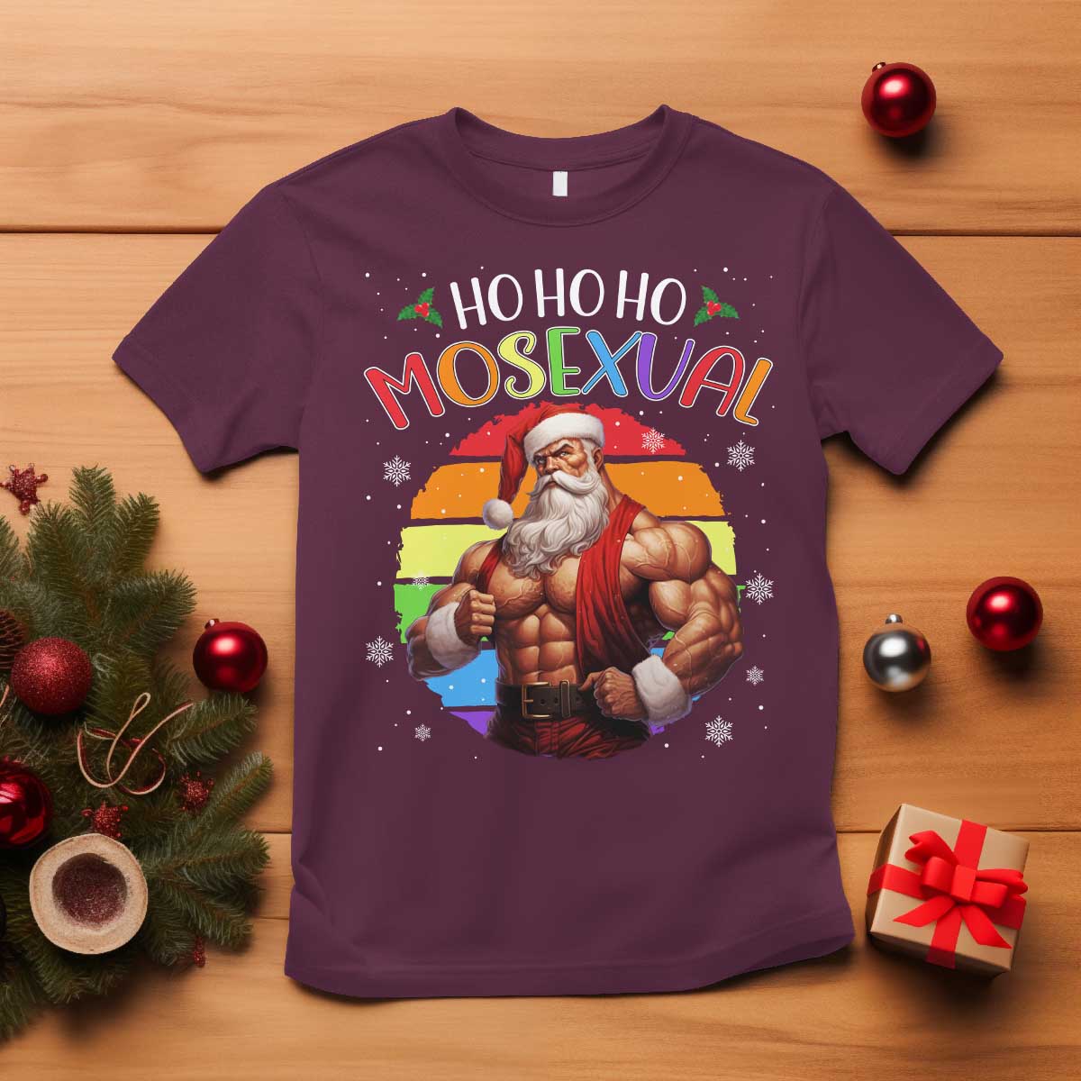 Funny Christmas LGBT T Shirt Ho Ho Ho Mosexual Rainbow Santa - Wonder Print Shop