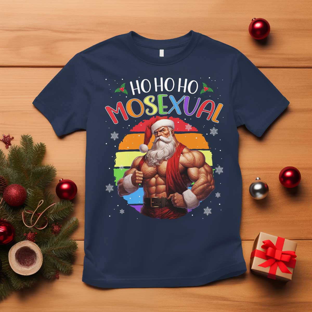 Funny Christmas LGBT T Shirt Ho Ho Ho Mosexual Rainbow Santa - Wonder Print Shop