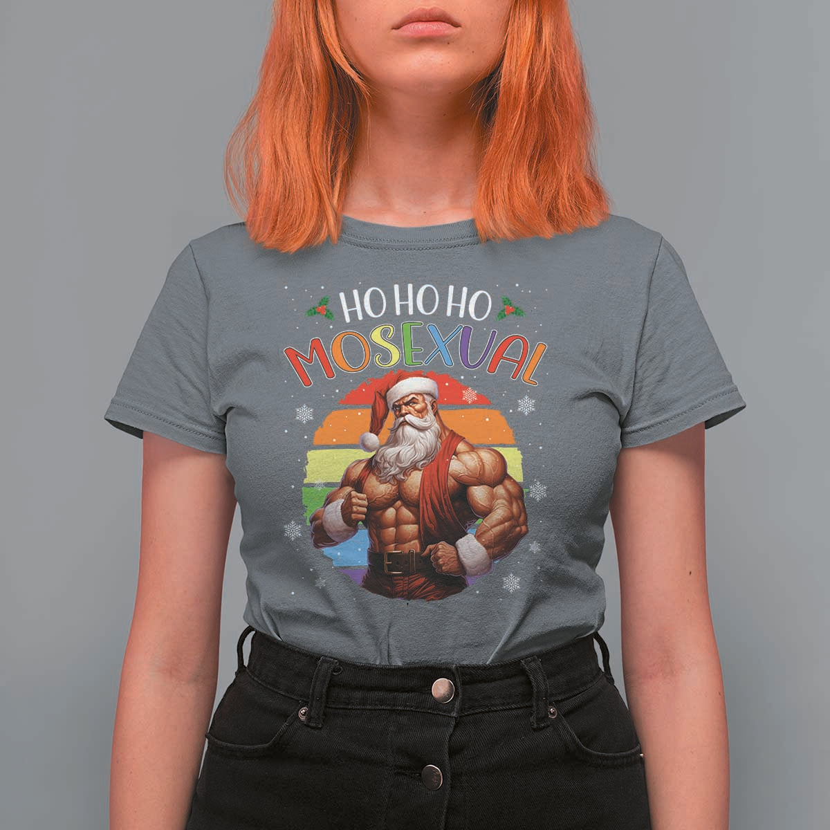 Funny Christmas LGBT T Shirt For Women Ho Ho Ho Mosexual Rainbow Santa - Wonder Print Shop
