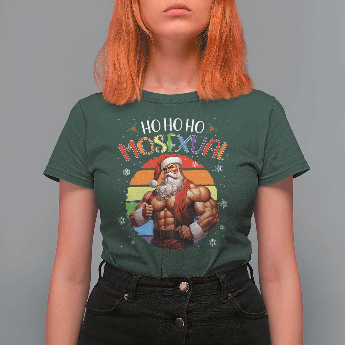Funny Christmas LGBT T Shirt For Women Ho Ho Ho Mosexual Rainbow Santa - Wonder Print Shop