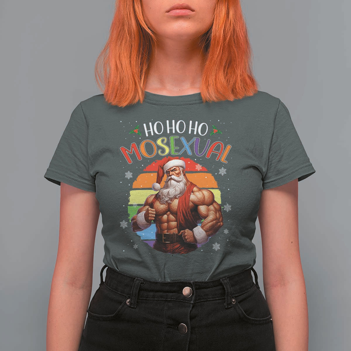 Funny Christmas LGBT T Shirt For Women Ho Ho Ho Mosexual Rainbow Santa - Wonder Print Shop