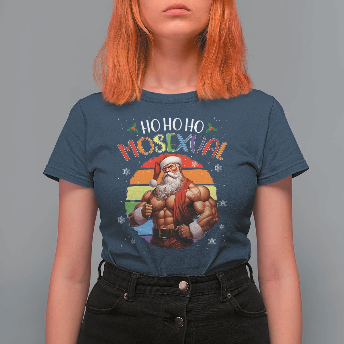 Funny Christmas LGBT T Shirt For Women Ho Ho Ho Mosexual Rainbow Santa - Wonder Print Shop