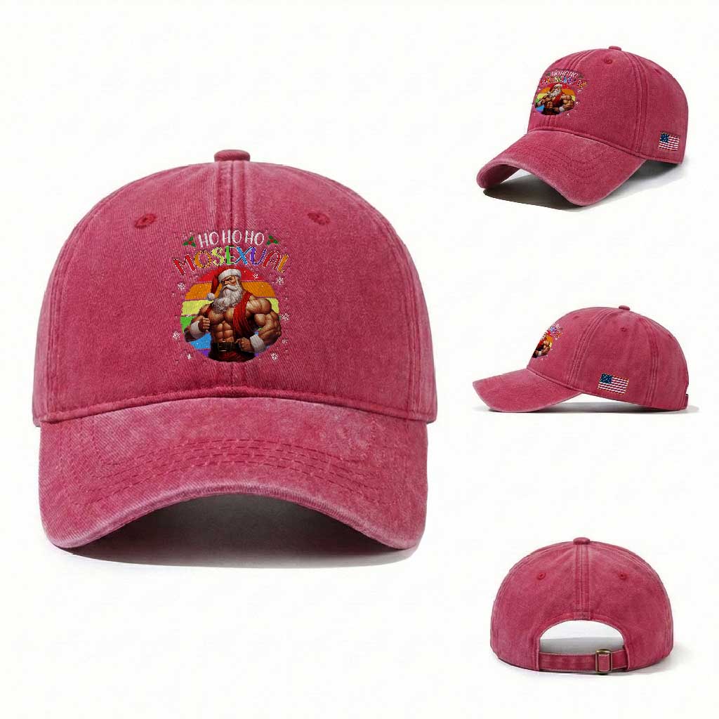 Funny Christmas LGBT Washed Cotton Baseball Cap Ho Ho Ho Mosexual Rainbow Santa