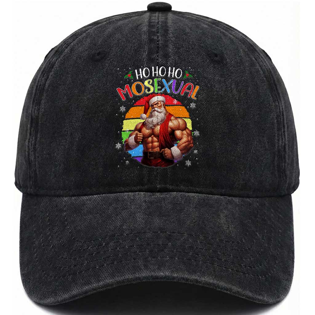 Funny Christmas LGBT Washed Cotton Baseball Cap Ho Ho Ho Mosexual Rainbow Santa