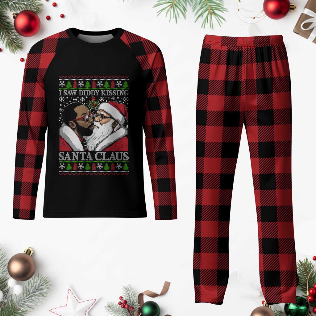 Funny I Saw Diddy Kissing Santa Claus Xmas Mistletoe Plaid Pajama Set - Wonder Print Shop