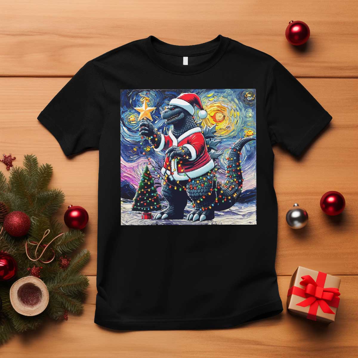 Funny Christmas Santa Godzilla Japanese Monster Starry Night T Shirt - Wonder Print Shop