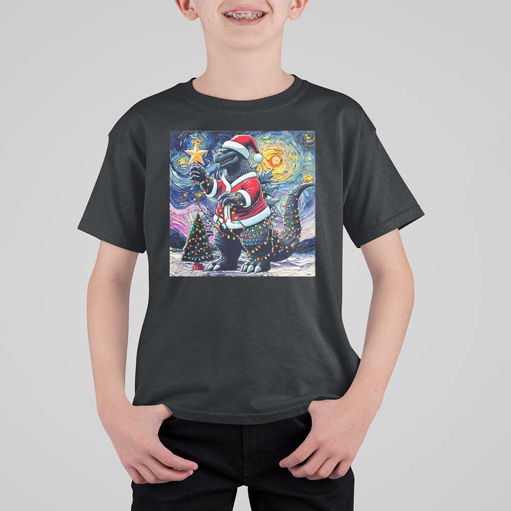 Funny Christmas Santa Godzilla Japanese Monster Starry Night T Shirt For Kid - Wonder Print Shop