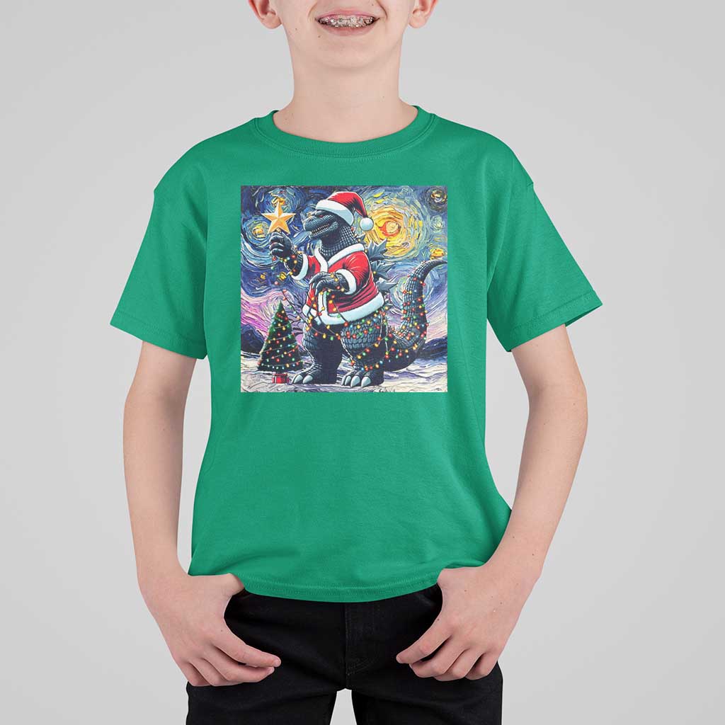 Funny Christmas Santa Godzilla Japanese Monster Starry Night T Shirt For Kid - Wonder Print Shop