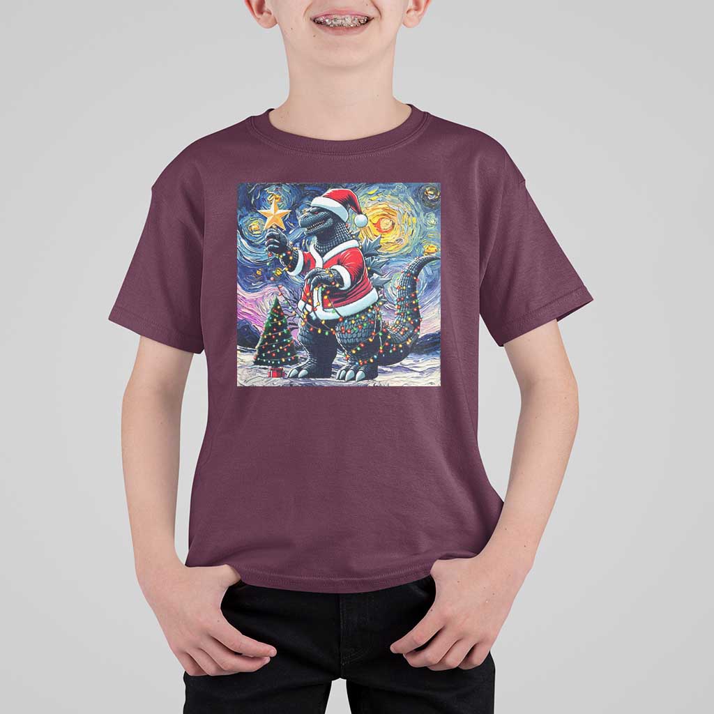 Funny Christmas Santa Godzilla Japanese Monster Starry Night T Shirt For Kid - Wonder Print Shop