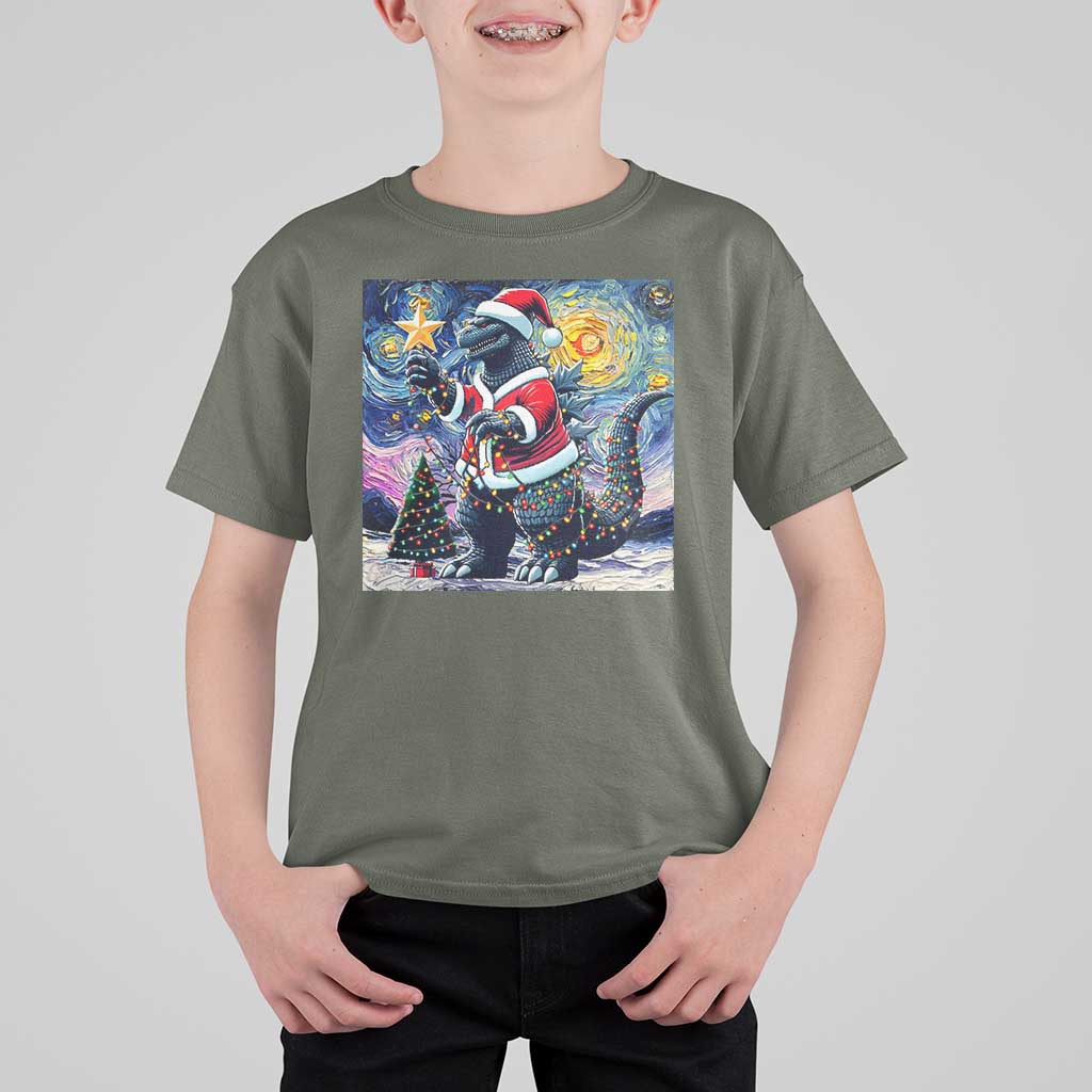 Funny Christmas Santa Godzilla Japanese Monster Starry Night T Shirt For Kid - Wonder Print Shop