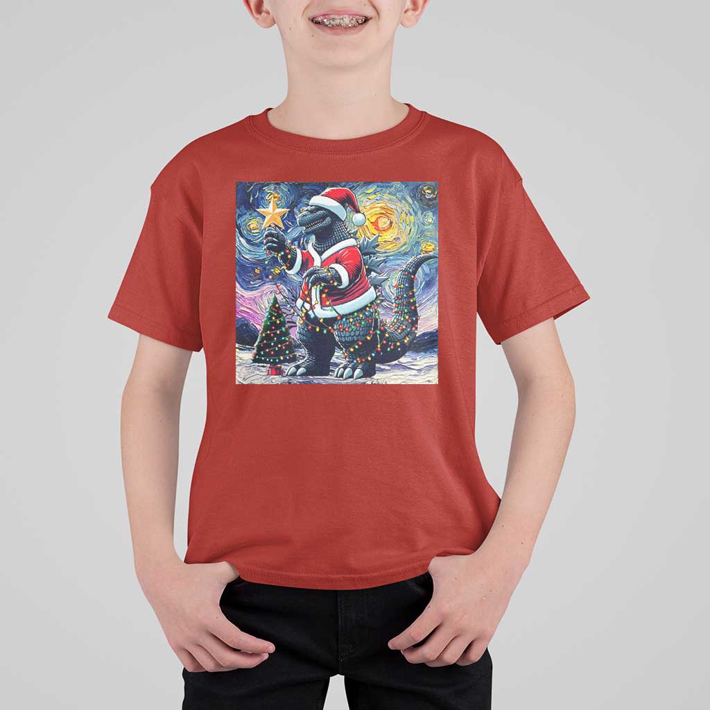 Funny Christmas Santa Godzilla Japanese Monster Starry Night T Shirt For Kid - Wonder Print Shop