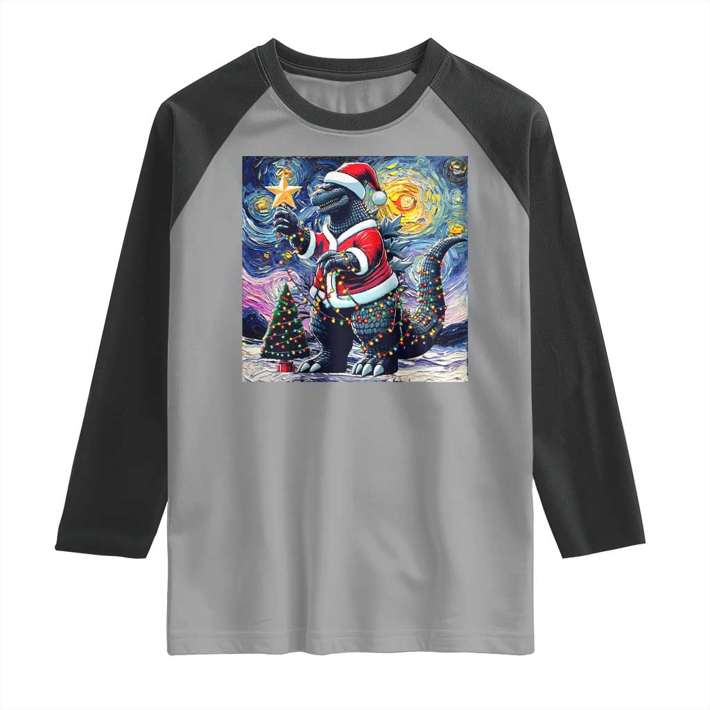 Funny Christmas Santa Godzilla Japanese Monster Starry Night Raglan Shirt - Wonder Print Shop