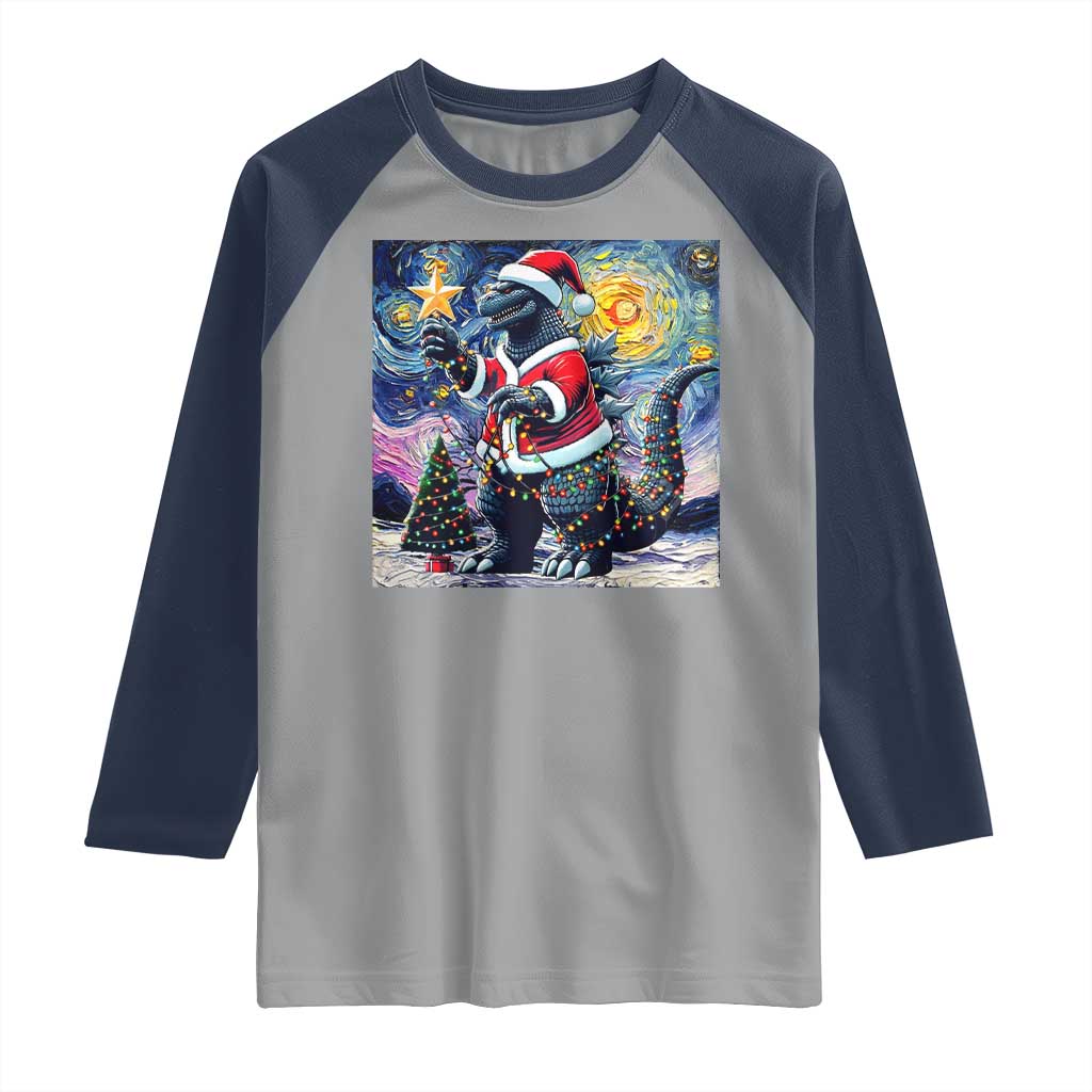 Funny Christmas Santa Godzilla Japanese Monster Starry Night Raglan Shirt - Wonder Print Shop