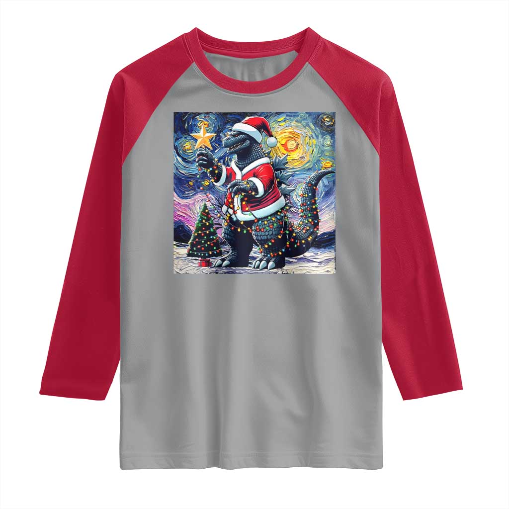 Funny Christmas Santa Godzilla Japanese Monster Starry Night Raglan Shirt - Wonder Print Shop